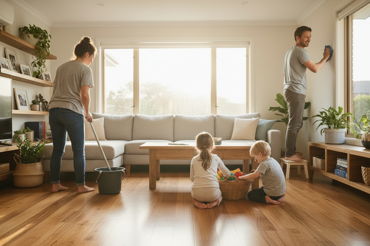 family doing spring cleaning of their home