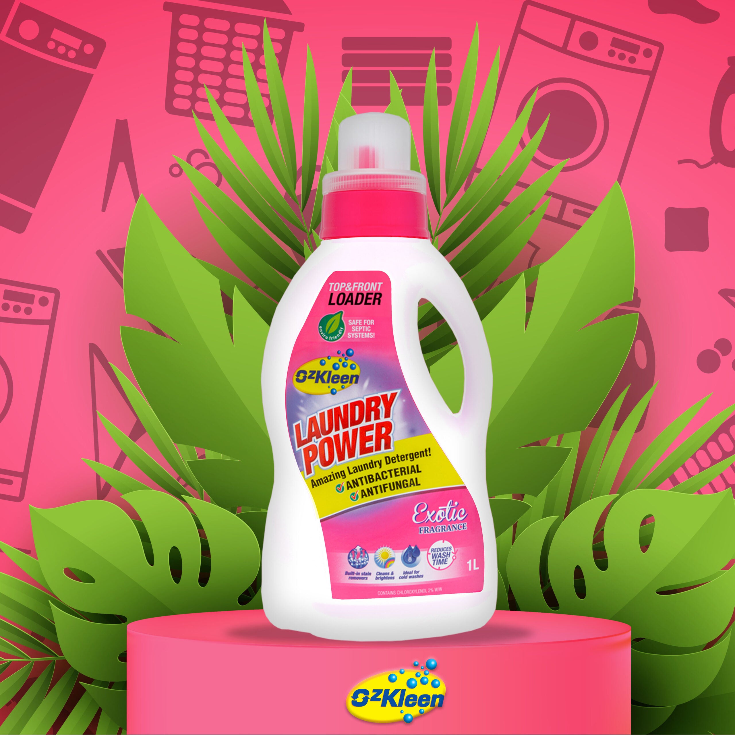 Ozkleen Laundry Power, Laundry Liquid with a pink background with palm leaves