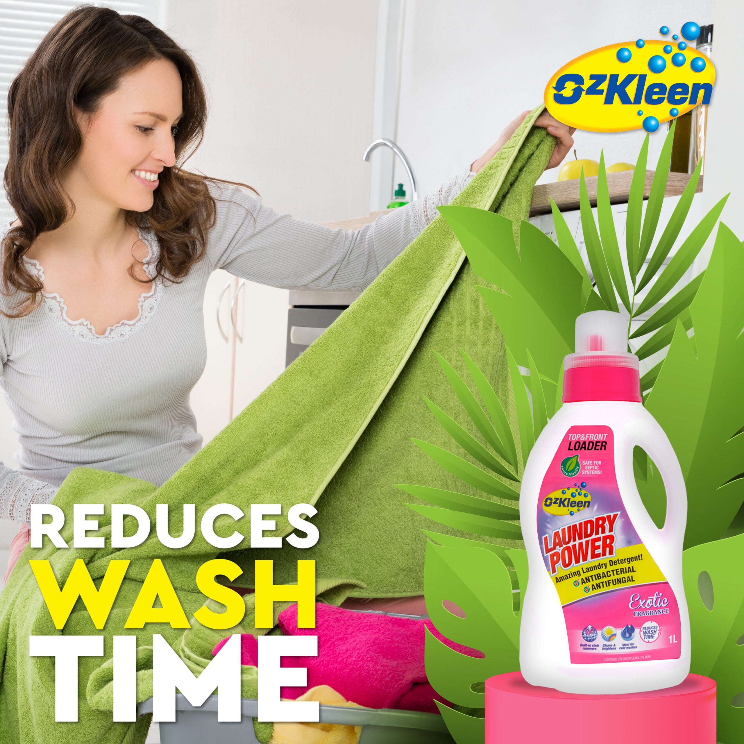 ozkleen laundry power, laundry liquid with a female doing laundry, ozkleen logo in the corner