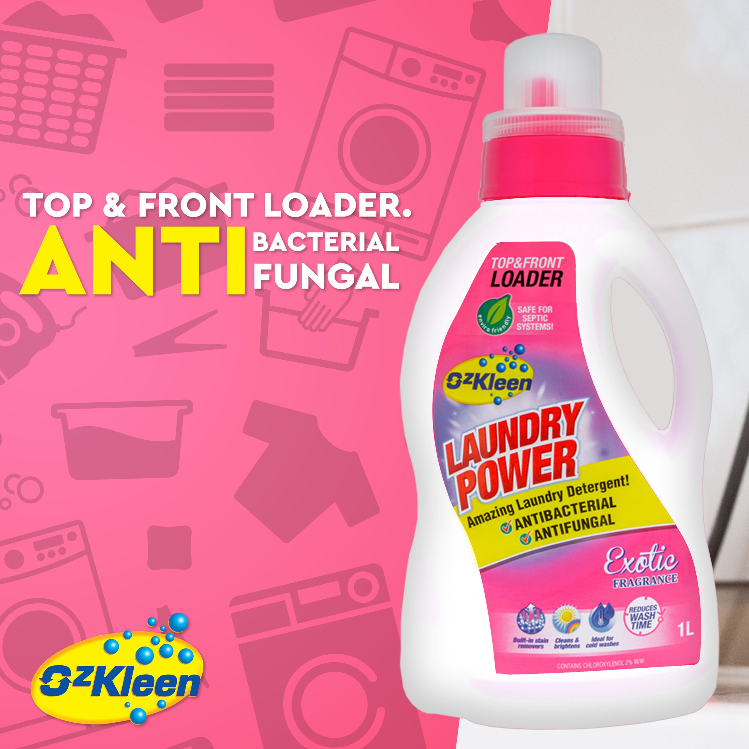 ozkleen laundry power, Laundry liquid with a pink background and ozkleen logo