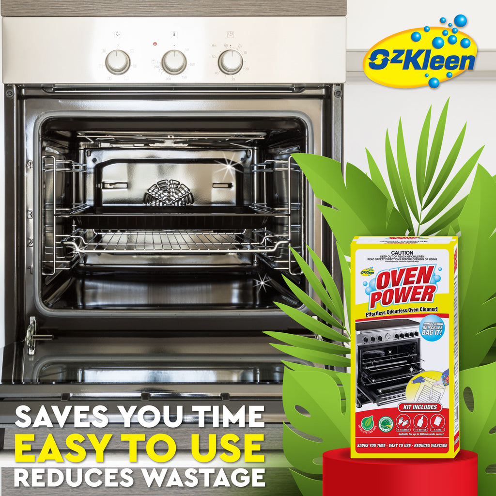 ozkleen oven power, oven cleaner with oven in background