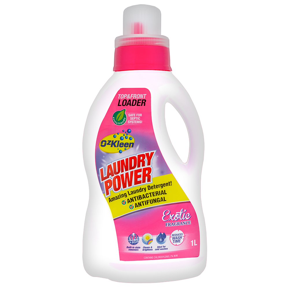 1 liter bottle of ozkleen laundry power pink label and pink cap