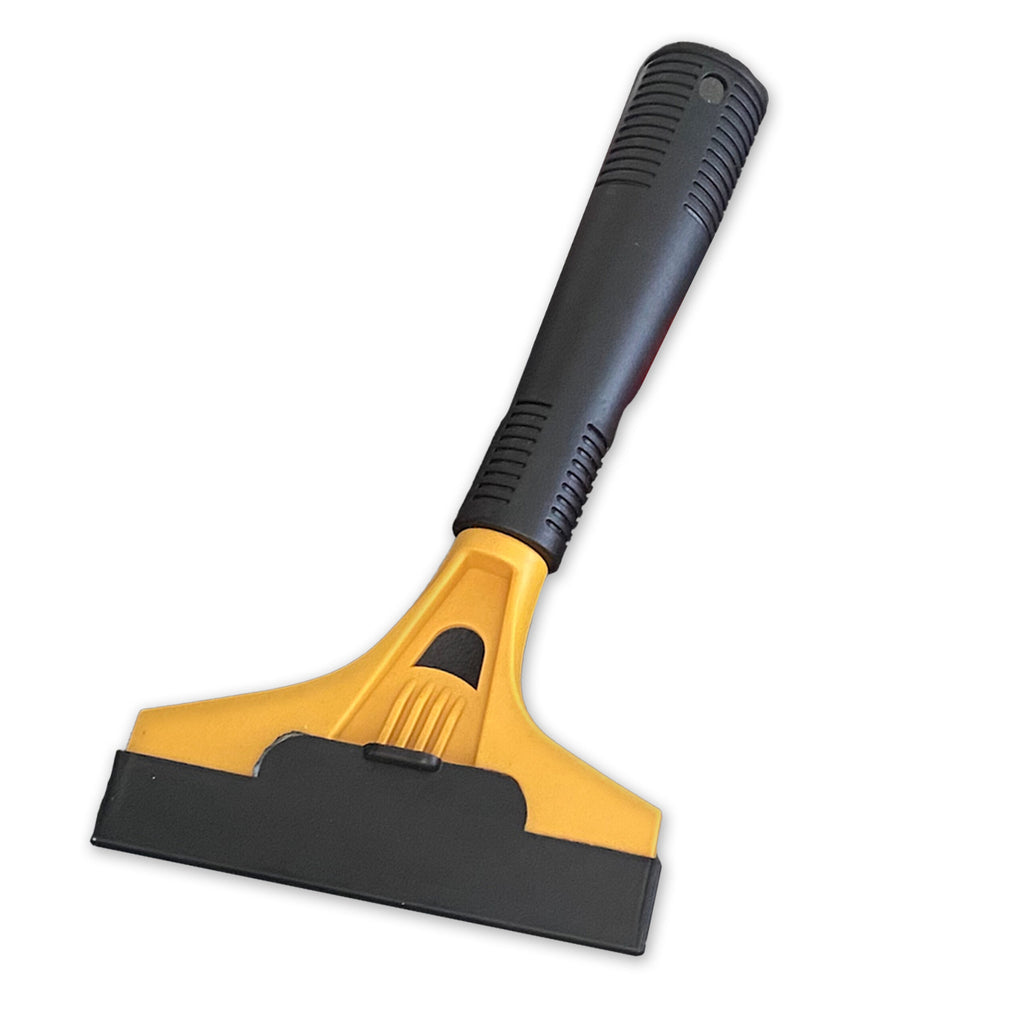 Yellow ozkleen scraper with cover on