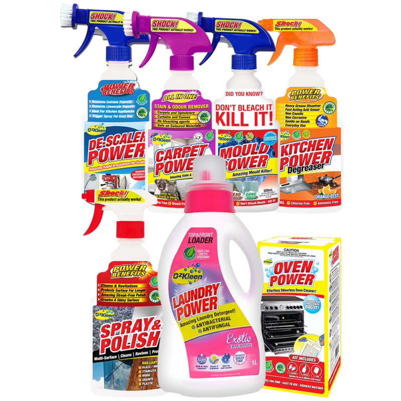 ozkleen products bottle of descaler power, carpet power, mould power, kitchen power, spray and polish, laundry power and a box of oven power